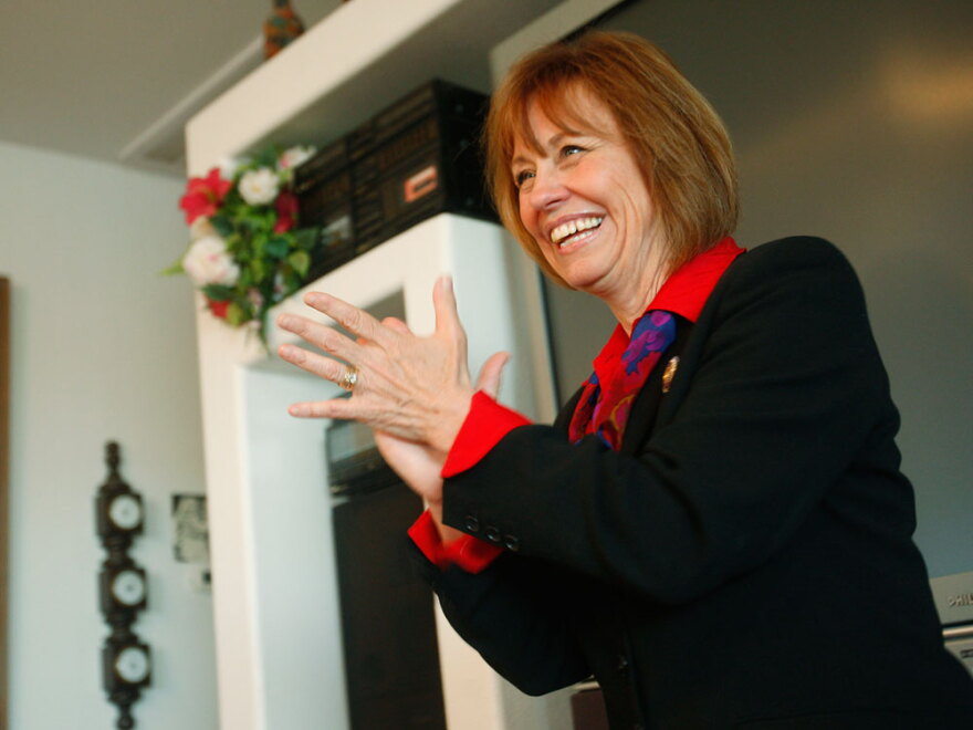 Sharron Angle, who is challenging Reid for his Senate seat, holds a meet and greet at a home in Pahrump, Nev., in May.