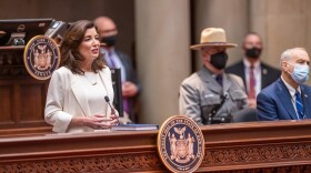 NYS Gov Kathy Hochul delivered her State of the State address in Albany on Janaury 5, 2022. State Comptroler Tom DiNapoli is at right