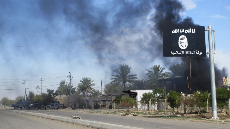 Smoke rises behind an Islamic State flag after a Nov. 24, 2014, battle with Iraqi security forces in Diyala province.