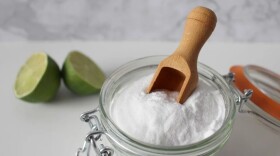 a glass jar containing baking soda