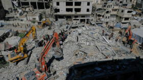Palestinian civil defense crews search for bodies and survivors in the rubble of a collapsed building that housed displaced Palestinians and was heavily damaged during the Israel-Hamas war, in Gaza City, Wednesday, Sept. 16, 2026. (Jehad Alshrafi/AP)
