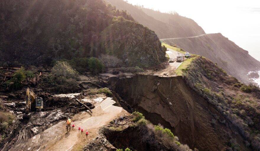 Construction crews work on a section of Highway 1, which collapsed into the Pacific Ocean near Big Sur, Calif., on Jan. 31.