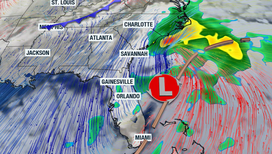 Developing coastal low in southwest Atlantic on Saturday, Oct. 11, 2025