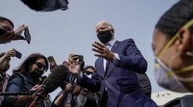 Democratic presidential nominee and former Vice President Joe Biden speaks to reporters before boarding a plane to Florida at New Castle County Airport on September 15, 2020 in New Castle, Delaware. (Drew Angerer/Getty Images)