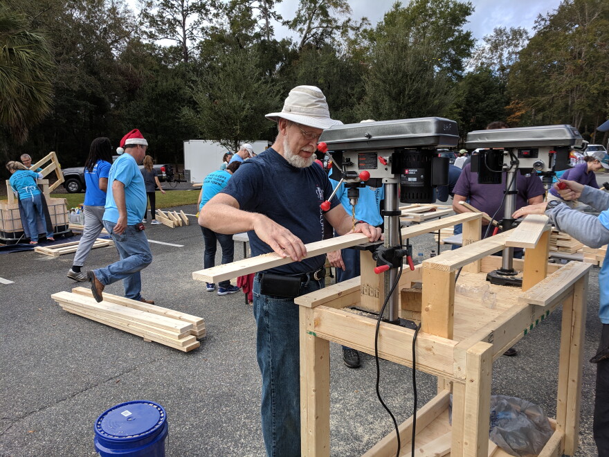 Volunteers hand-crafted and assembled the bunk bed components during Saturday's event.
