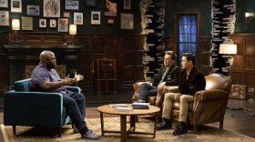 Ronald Young Jr., Ed Helms and Randall Park on <em>True Story With Ed & Randall.</em><em></em>