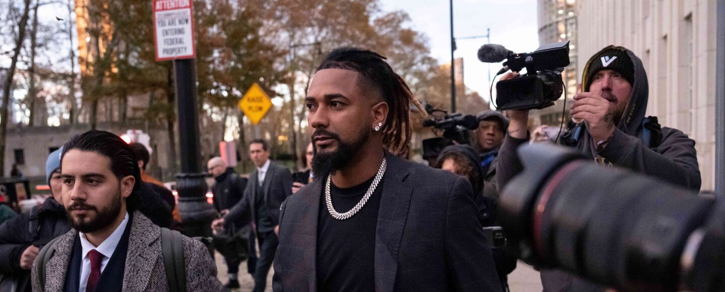Cleveland Guardians baseball player Emmanuel Clase, center, leaves Brooklyn federal court, Thursday, Nov. 13, 2025, in New York.  