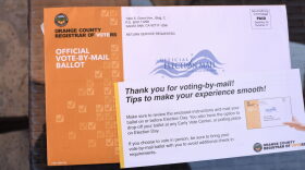 A mail-in ballot for the midterm elections is displayed in upscale Laguna Niguel in southern California's Orange County.