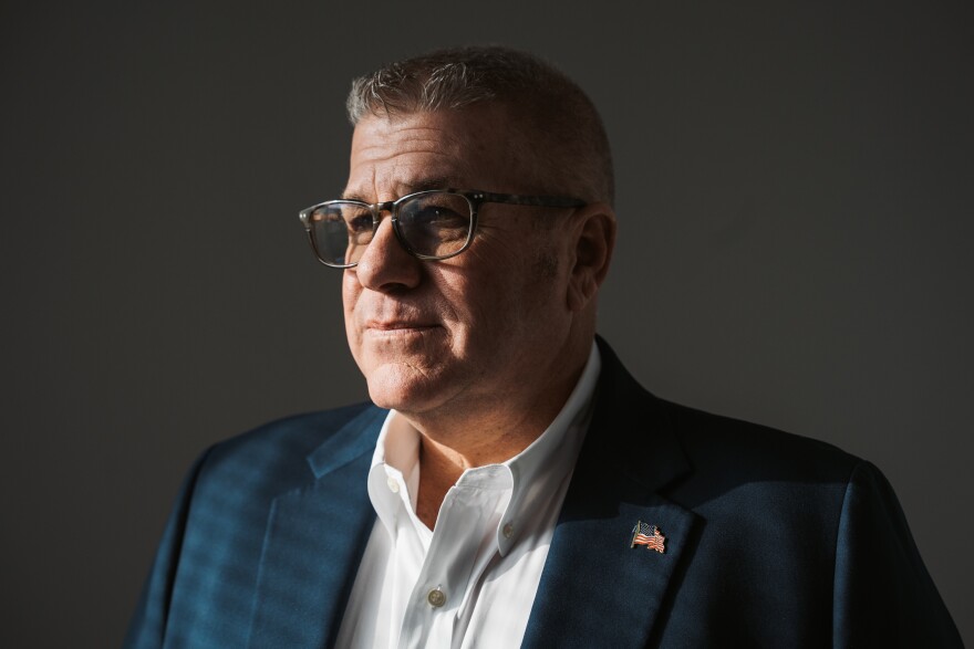 Darren Bailey, R-Xenia, pictured on Tuesday, Feb. 3, 2026, at St. Louis Public Radio’s headquarters, is hoping to unseat incumbent Democratic Illinois Gov. J.B. Pritzker in November’s midterm elections.