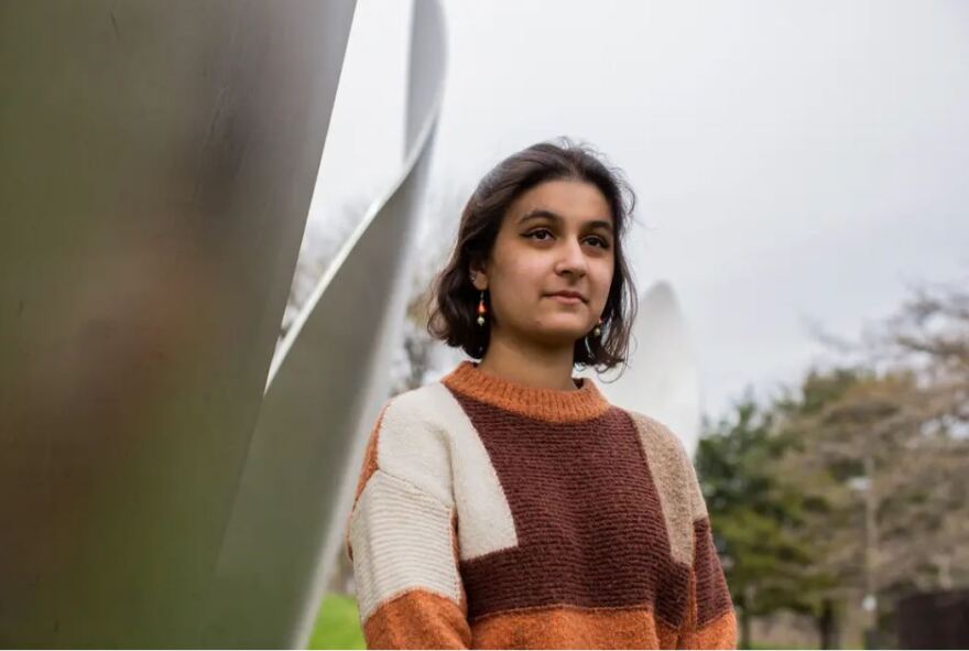 Sahar Punjwani, a University of Chicago student from Houston, poses for a portrait on Friday in Chicago's Jackson Park. She is one of two young women taking on the Texas comptroller after the Legislature declined to remove the sales tax on menstrual products.