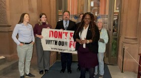 State Sen. Lea Webb (front) and members of environmental groups deliver a letter to Gov. Hochul on Monday, April 15 calling on her to sign a bill to prohibit using carbon dioxide to extract oil and gas.
