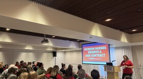Laura Nilsson, president of the Munson nurses' union, speaks to a crowd at the Delamar Hotel on Thursday, March 26, 2026. (Photo: Claire Keenan-Kurgan/IPR News)