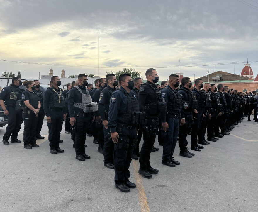 Chihuahua state police officers stand in formation in Ciudad Juarez at a presentation of a new security initiative by Governor Maria Eugenia "Maru" Campos Galvan.