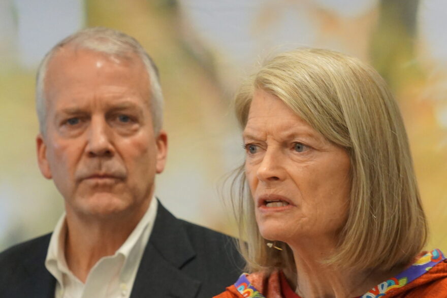 Sen. Lisa Murkowski, R-Alaska, speaks as Sen. Dan Sullivan, R-Alaska, listens at the conclusion of a May 5, 2026, roundtable on Missing and Murdered Indigenous People held at the Cook Inlet Tribal Council office in Anchorage.