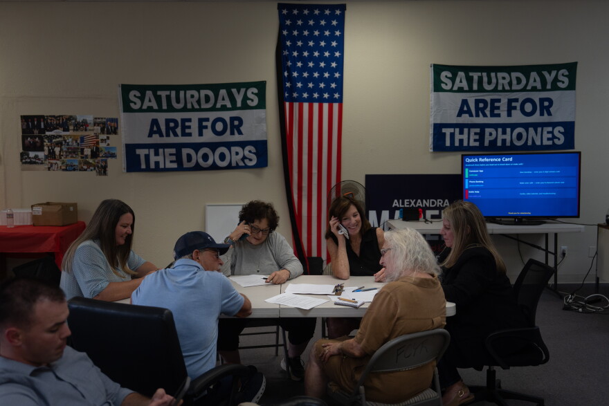 Volunteers take part in phone bank training at a National Republican Congressional Committee office in Hanford, Calif., Friday, Aug. 21, 2026.