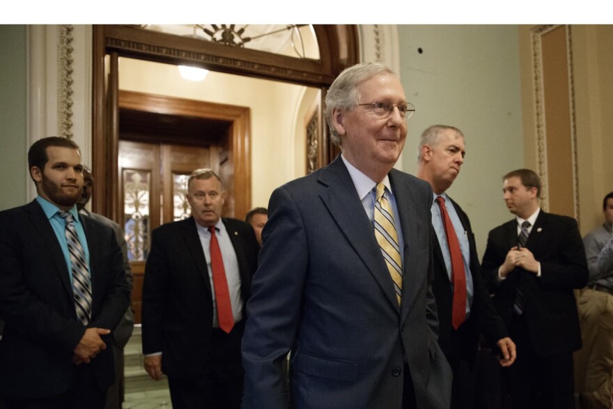 Senate Majority Leader Mitch McConnell of Ky. leaves the Senate chamber on Capitol Hill in Washington, Thursday, July 13, 2017, after announcing the revised version of the Republican health care bill. (J. Scott Applewhite/AP)