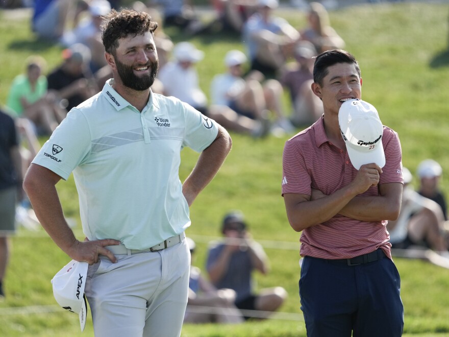 "I love finding out morning news on Twitter," U.S. golfer Collin Morikawa said this week, as the PGA Tour announced its merger with a Saudi fund. He's seen here at right, with Jon Rahm of Spain at the Memorial Tournament in Dublin, Ohio, on Friday.