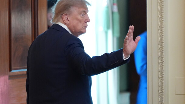 President Donald Trump departs after speaking at a Columbus Day celebration in the East Room of the White House, Friday, Oct. 9, 2026, in Washington. (AP Photo/Alex Brandon)