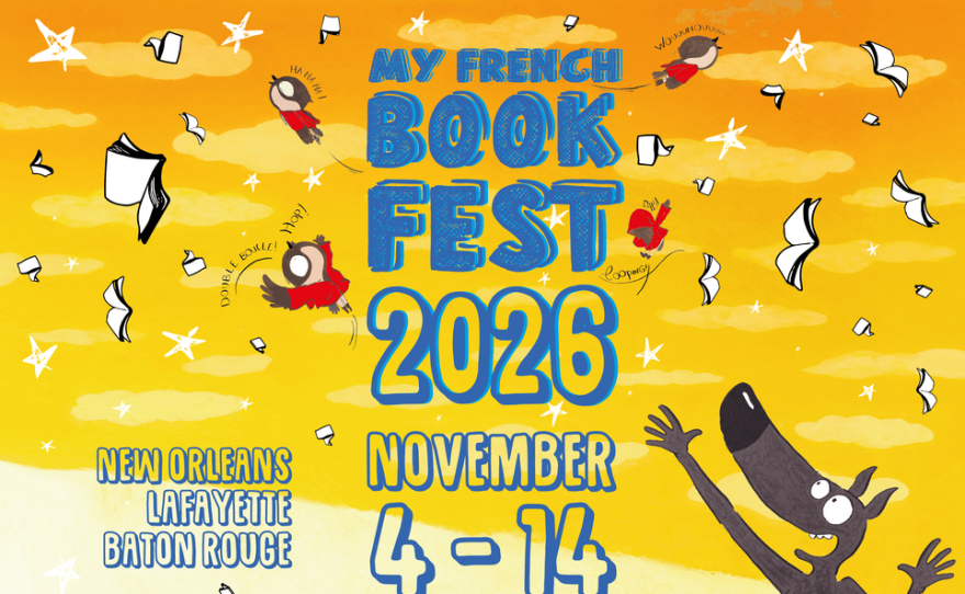 Cartoon image of New Orleans, Lafayette, and Baton Rouge - My French Book Fest 2026- November 4th through 14th.