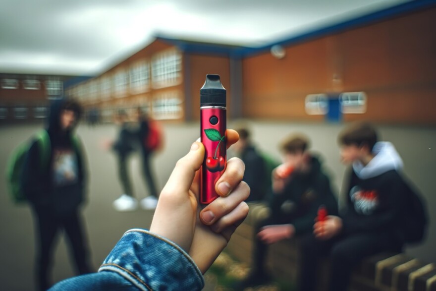 someone in a jeans jacket holds a vape pen with a blurred school background of benches and kids 