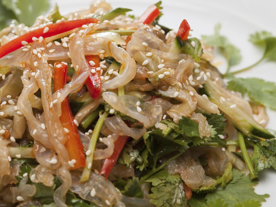 An Asian-style salad of jellyfish, red pepper and coriander.