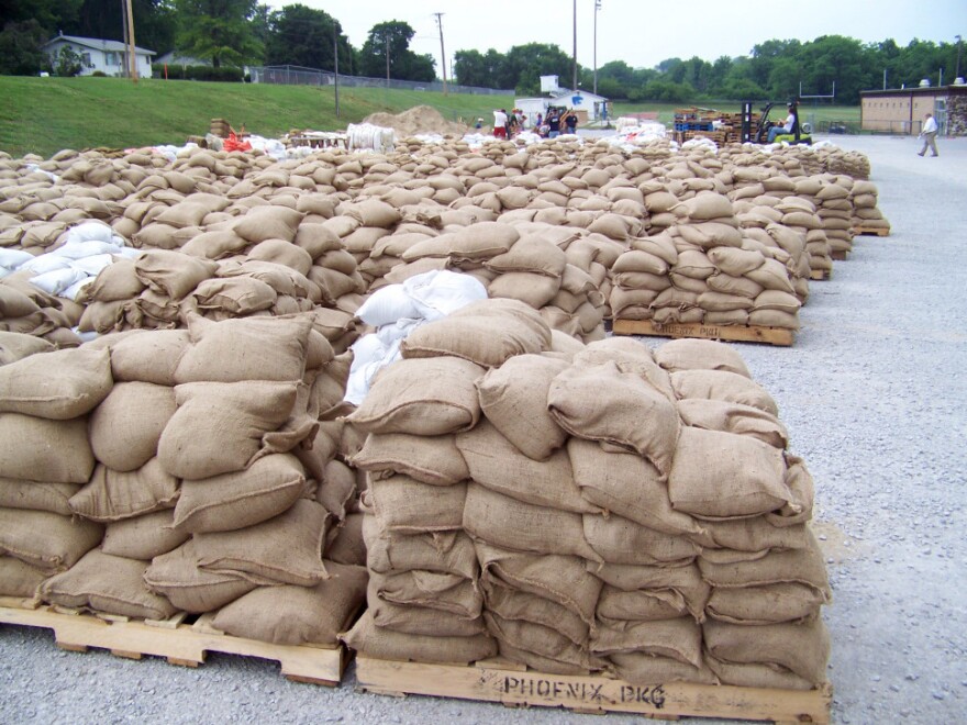 Filled sandbags are ready for deploying amid efforts to protect the small town of Hamburg, Iowa, from encroaching Missouri River floodwaters.