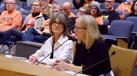 Advocates for ranked choice voting speak into a microphone on the state Senate floor