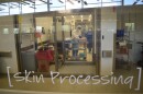two people in PPE work behind glass doors labeled skin processing