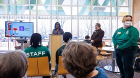 East Lansing Public Library Board of Trustees President Pamela Smith speaks at an event revealing the library's new strategic plan on March 17, 2025.