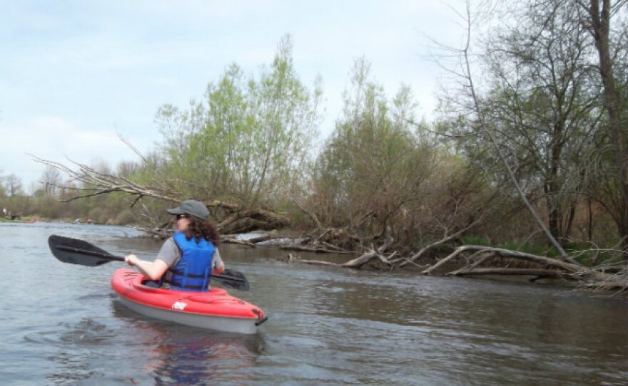 Journalists kayak down the Kalamazoo River upstream of the Ceresco Dam; three miles downstream from the spill site in Talmadge Creek.