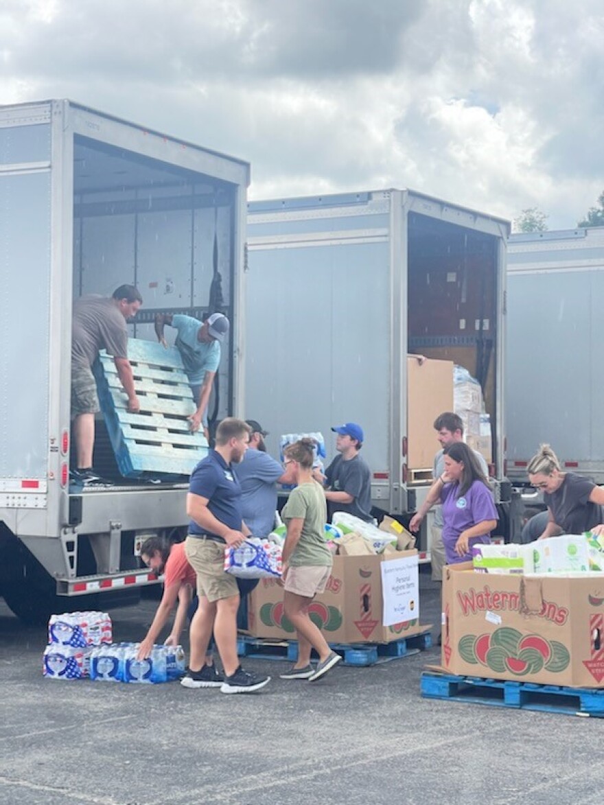Volunteers unload food and other supplies in Eastern Kentucky this week.
