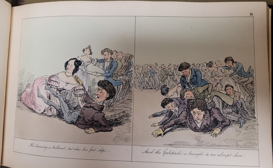 Two panels of "The Comical Adventures of Beau Ogleby" where the titular character slips while dancing with a lady and causes everyone dancing in line to fall.