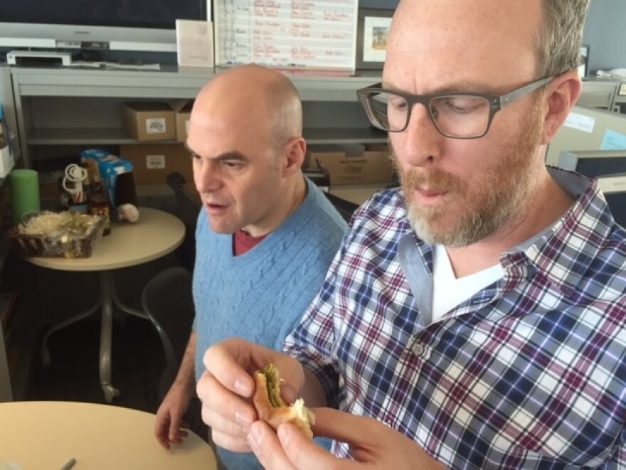 Mike and Peter usually chew their sandwiches in perfect unison, but the White Castle Veggie Slider threw them off.