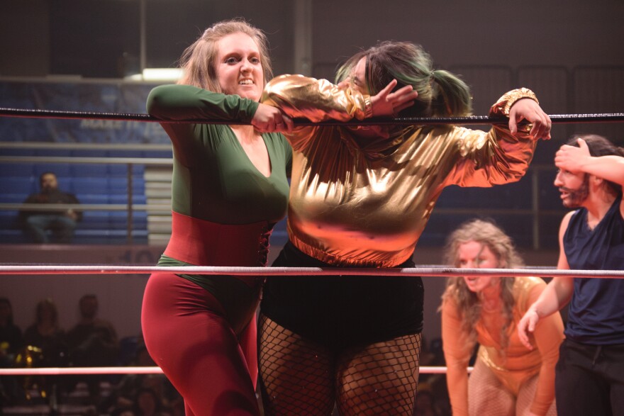 Chokecherry shoves the Golden Heartbreaker into the ropes while Mary Lou “Thunder Thighs” Fagan and Rocky look on during a FLOW show on Feb. 21, 2026.