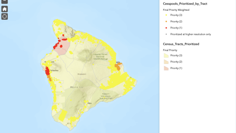 The Hawaiʻi Cesspool Prioritization Tool is an interactive interface that shows the location of cesspools across the state. Cesspools posing the highest risk to drinking water resources and reef ecosystems are marked in red.