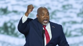 Lt. Gov. Mark Robinson, R-NC., speaking on the first day of the Republican National Convention, Monday, July 15, 2024, in Milwaukee.