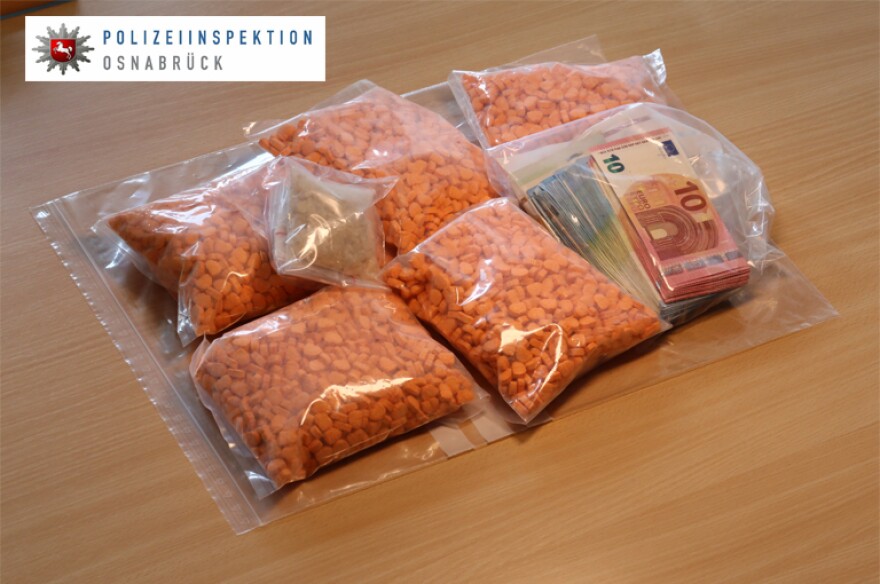 The haul seized by police in Osnabrück, Germany, together with the cash they found in the car Saturday night.
