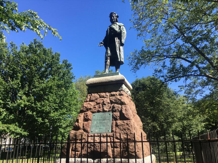 A statue of Christopher Columbus in New Haven's Wooster Square, which was recently removed.