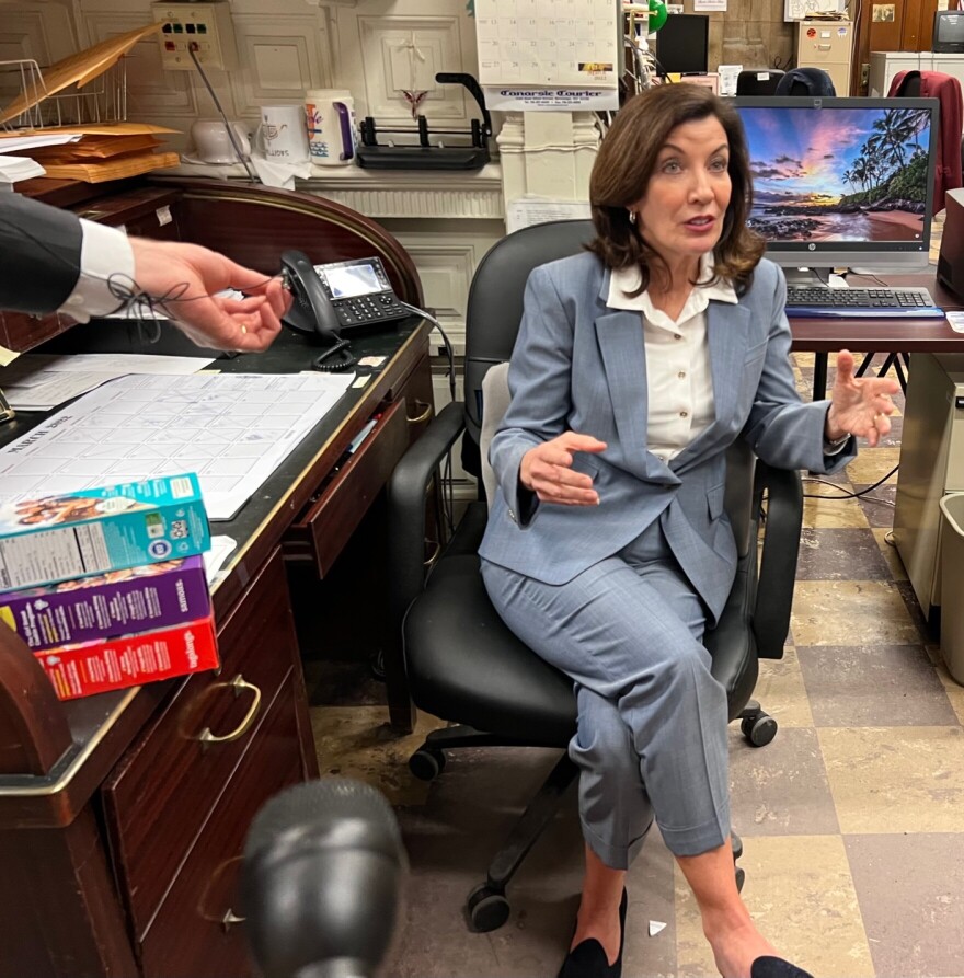 Gov. Kathy Hochul speaks to reporters about the 2022 New York state budget and her proposal to roll back some bail reform measures with it. Karen DeWitt / NYS Public Radio