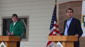 Gov. Laura Kelly and challenger Derek Schmidt debate at the Kansas State Fair. 