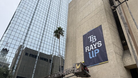 On Sept. 29, 2026, Tampa city leaders unfurled a Tampa Bay Rays banner on the Tampa Municipal Office Building in downtown. The Rays enter postseason play on Oct. 3. 