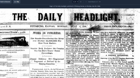 A screenshot of the Pittsburg Public Library Digital Archives, showing a scan of a Daily Headlight newspaper from 1886.