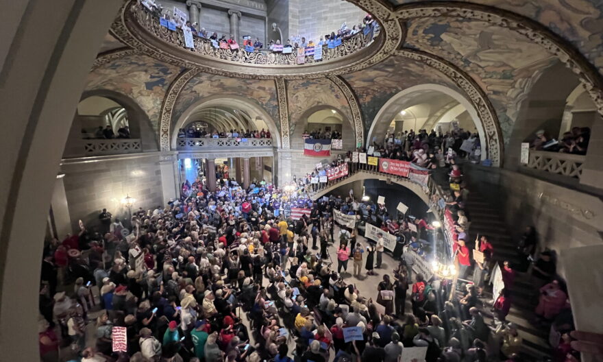 Protesters gather in the Missouri Capitol rotunda in opposition to a proposed congressional district map that passed the House (Annelise Hanshaw/Missouri Independent).