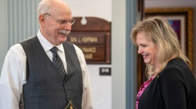 Sen. Bert Stedman, R-Sitka, speaks with Rep. DeLena Johnson, R-Palmer, ahead of the final meeting of the budget conference committee on May 14, 2024.
