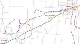 Proposed Hurley to Montreal trail route indicated by blue dashes