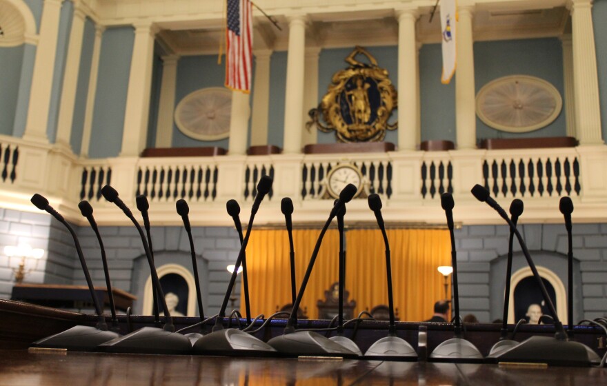 A view of microphones inside the Massachusetts Senate chamber.