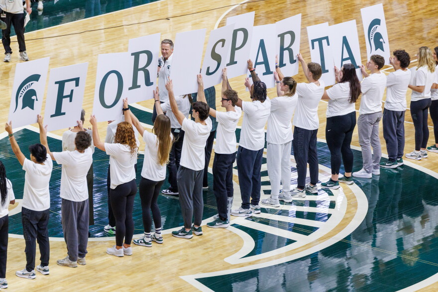 Michigan State University President Kevin Guskiewicz speaks about the university's $1 billion FOR SPARTA athletics fundraising campaign during a basketball game at the Breslin Center in East Lansing, Mich., on Dec. 6, 2025.