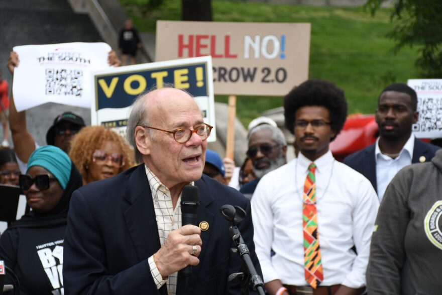 U.S. Rep. Steve Cohen, D-Memphis, addresses a crowd of protesters as his primary opponent, State Rep. Justin J. Pearson, D-Memphis, looks on.
