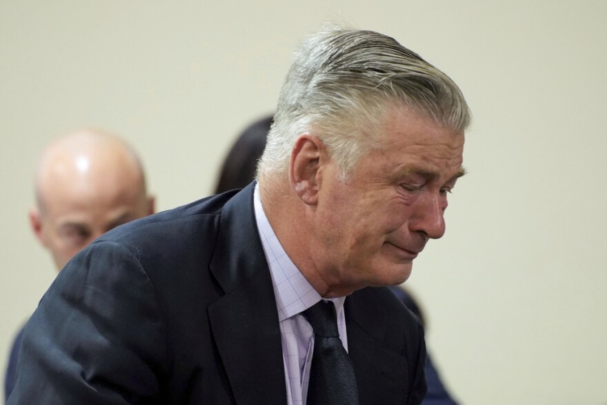 Actor Alec Baldwin reacts during his trial for involuntary manslaughter for the 2021 fatal shooting of cinematographer Halyna Hutchins during filming of the Western movie "Rust."