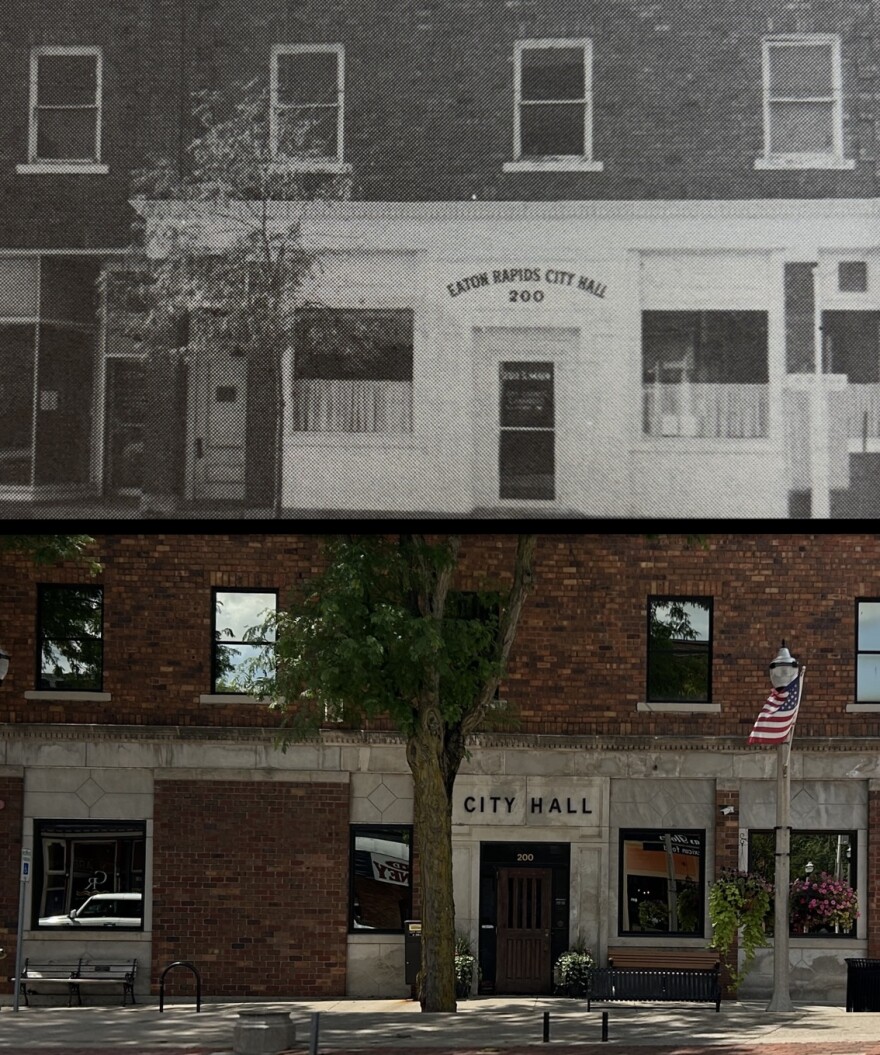 (Top) Eaton Rapids former City Hall building, as pictured in "Island City: Pictorial History 1835–1980," versus (bottom) Eaton Rapids City Hall on July 22, 2026.